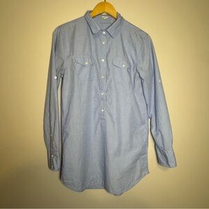 J Crew Womens Small Chambray Blouse Hi Low Hem Roll Tab Sleeves Light Blue